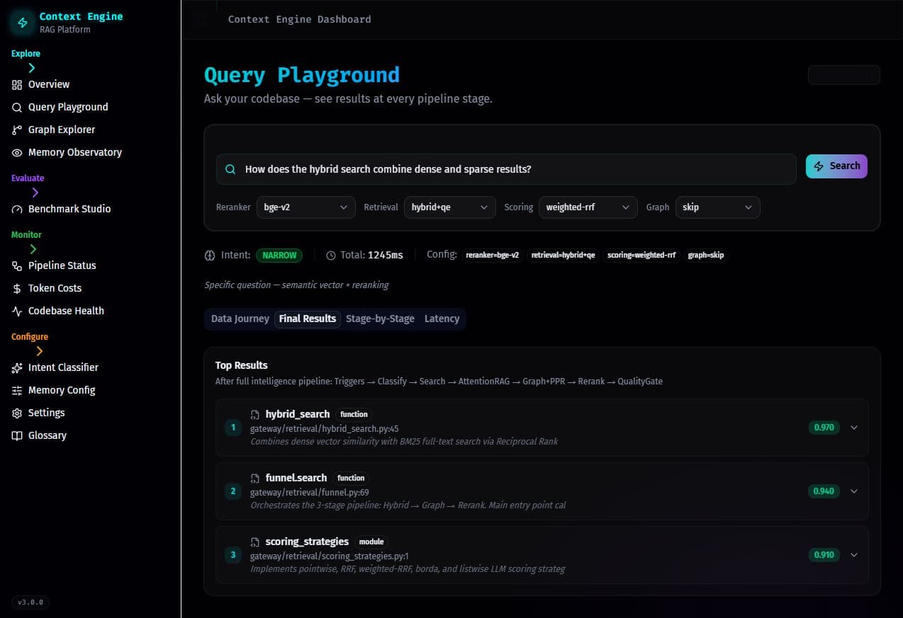 Context Engine query playground with ranked retrieval results