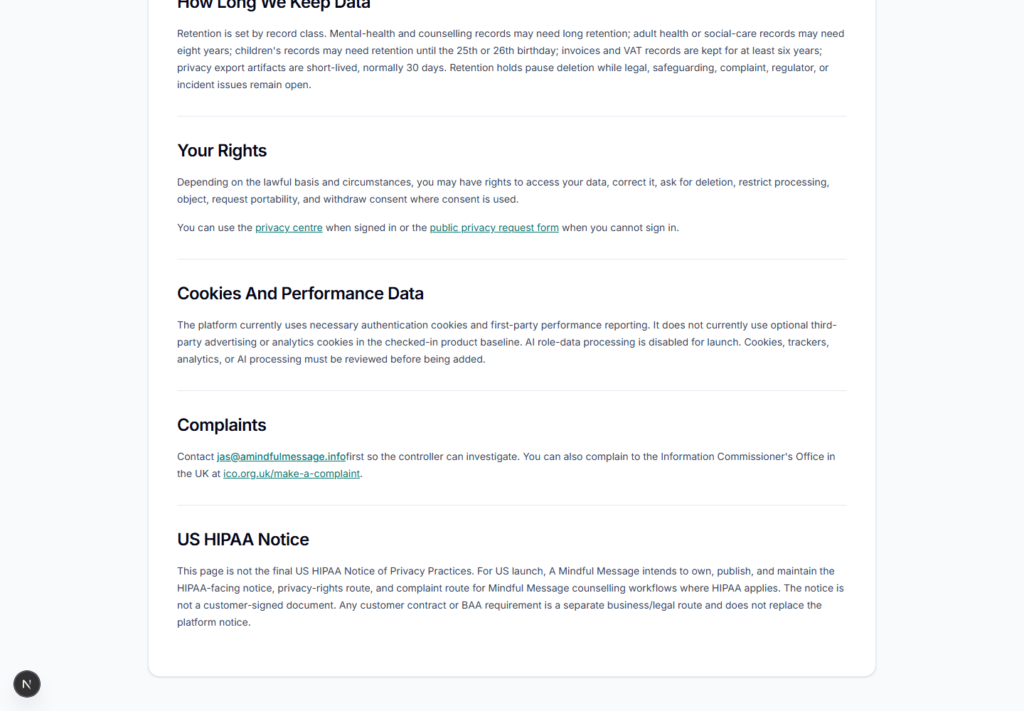 Mindful Message HIPAA-facing public notice section