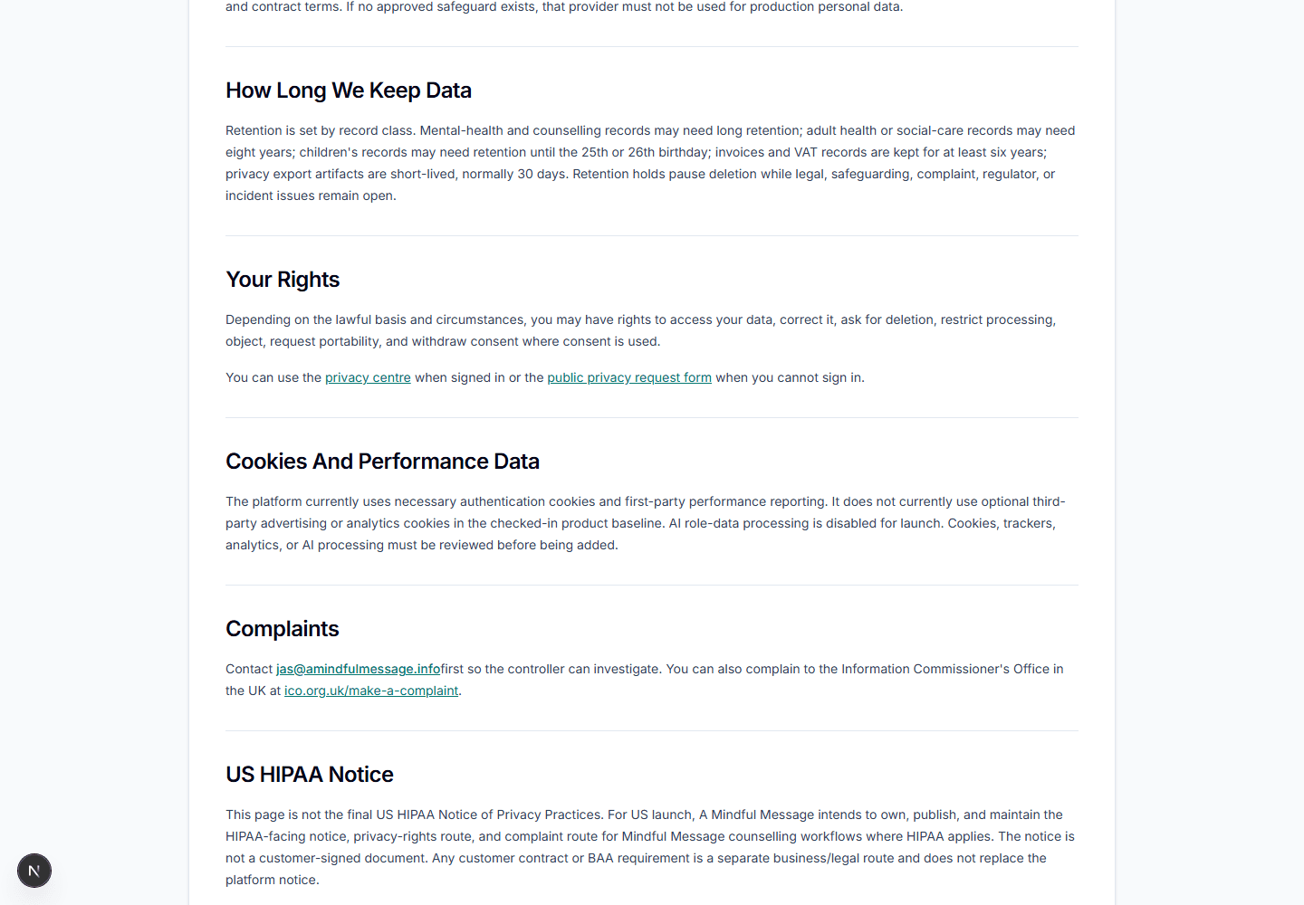 Mindful Message retention, rights, cookies, complaints, and HIPAA notice sections
