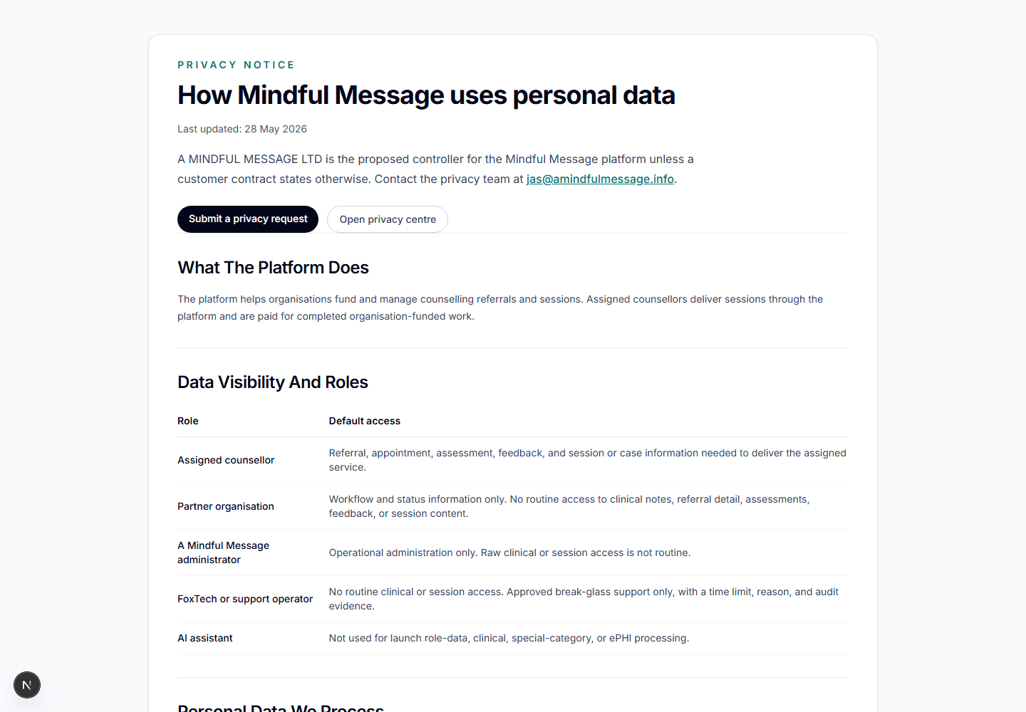 Mindful Message privacy notice with data visibility and role boundaries