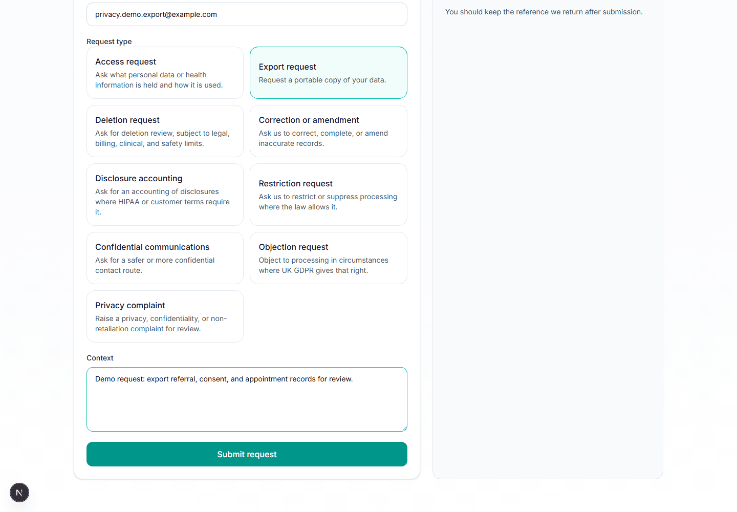 Mindful Message privacy request form with export request selected