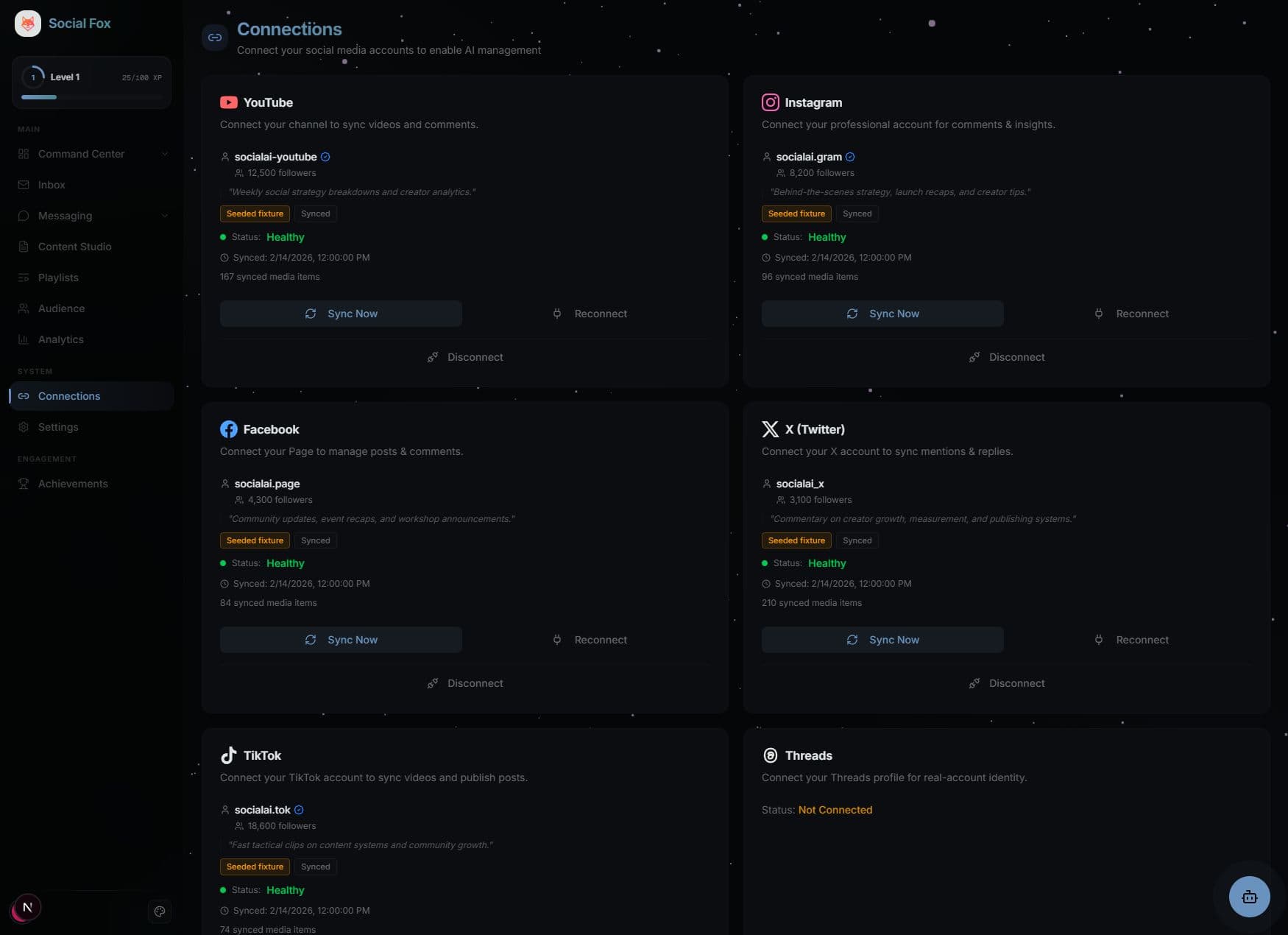 SocialFox connected accounts view