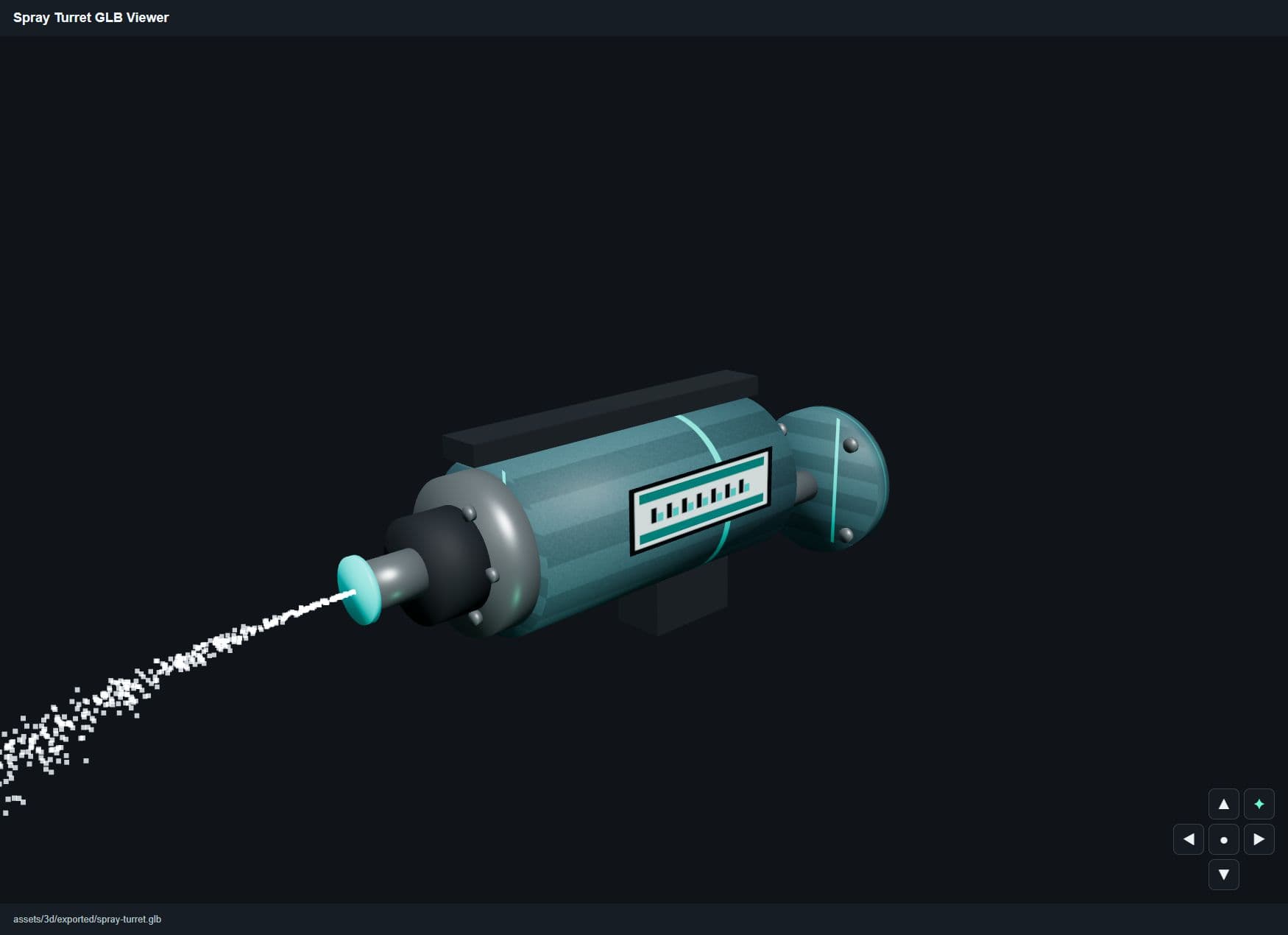 Water-spraying turret GLB viewer with particle stream