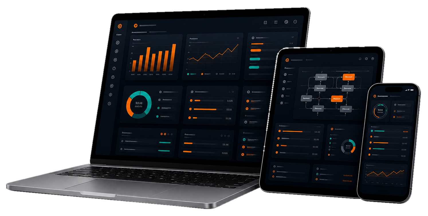 FoxTech app dashboards across laptop, tablet, and phone screens